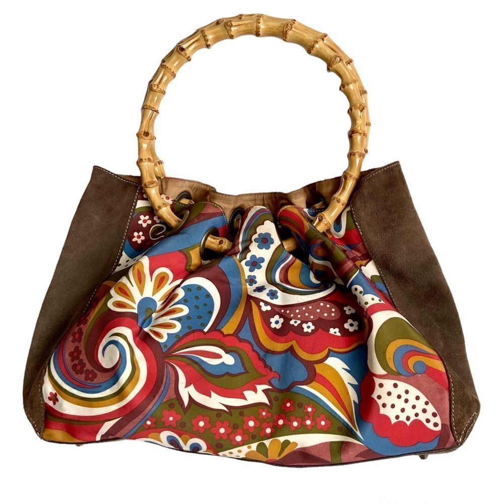 Prague Brown Suede Floral Bamboo handle Purse